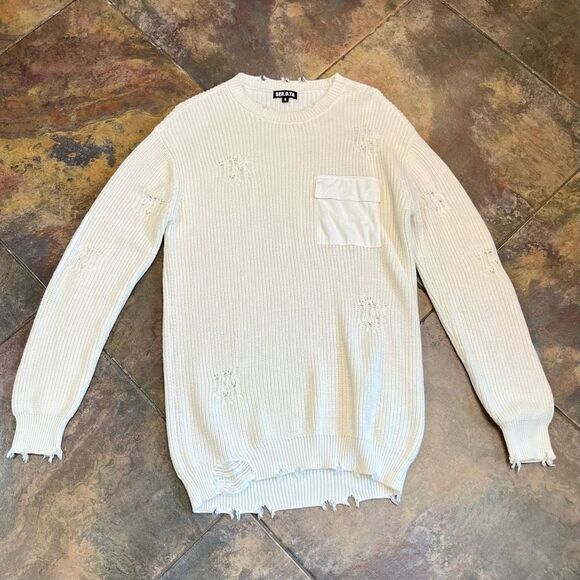 Ser.O.Ya Cream Devin Oversized Distressed Sweater Front Pocket Small - Picture 6 of 12